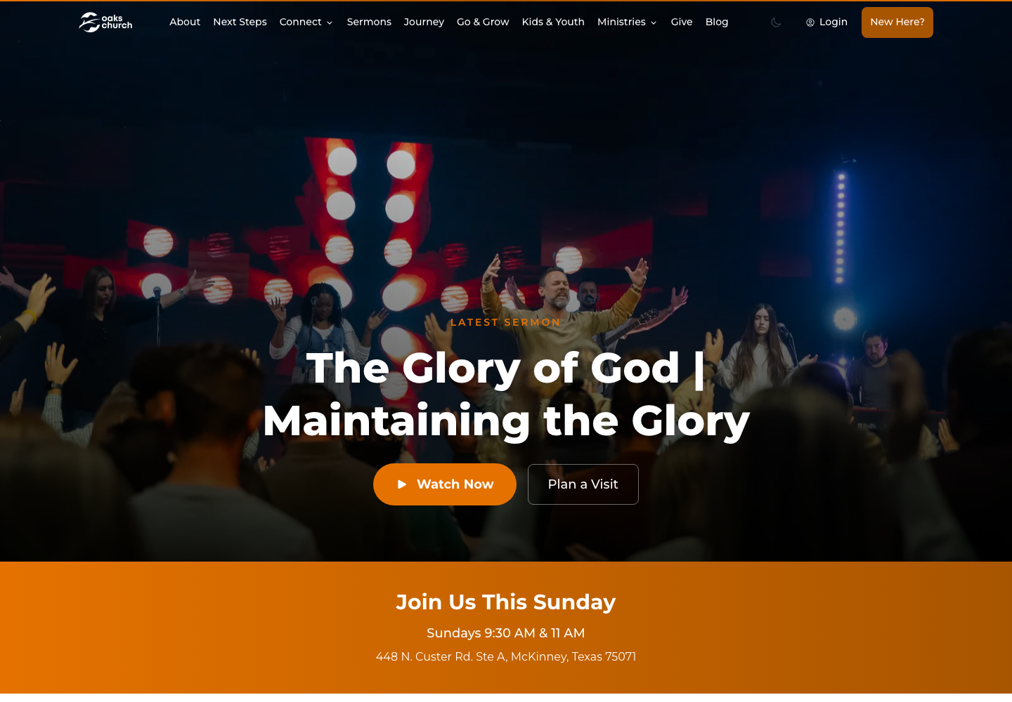 Oaks Church website with sermon and visitor information